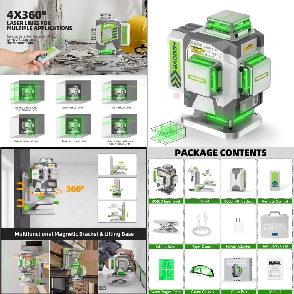 2026 Cross Line Level for Huepar ZK04CG 16 Lines Self Leveling Green Tool with 8000mAh Li ion Battery Remote