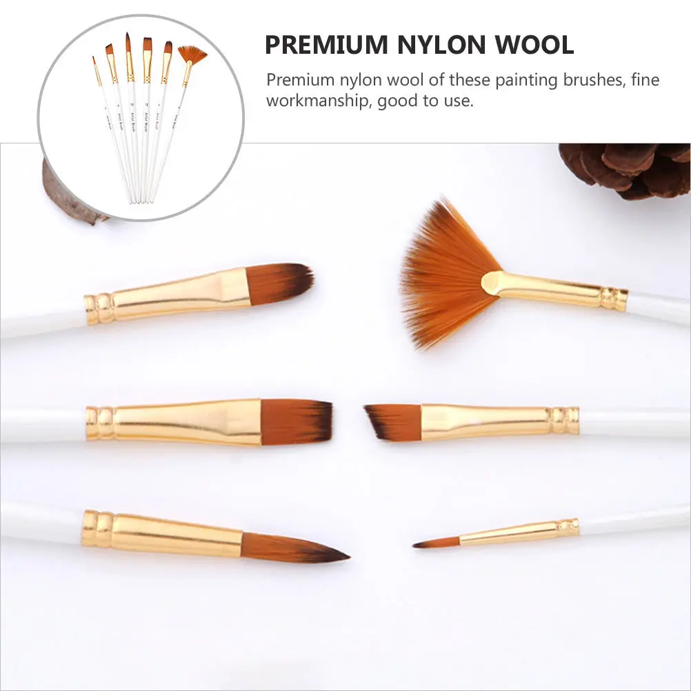 6Pcs Painting Brushes Set Premium Nylon Hair Solid Wood Handle Copper Tube for Watercolor Gouache Propylene Art Craft Tools