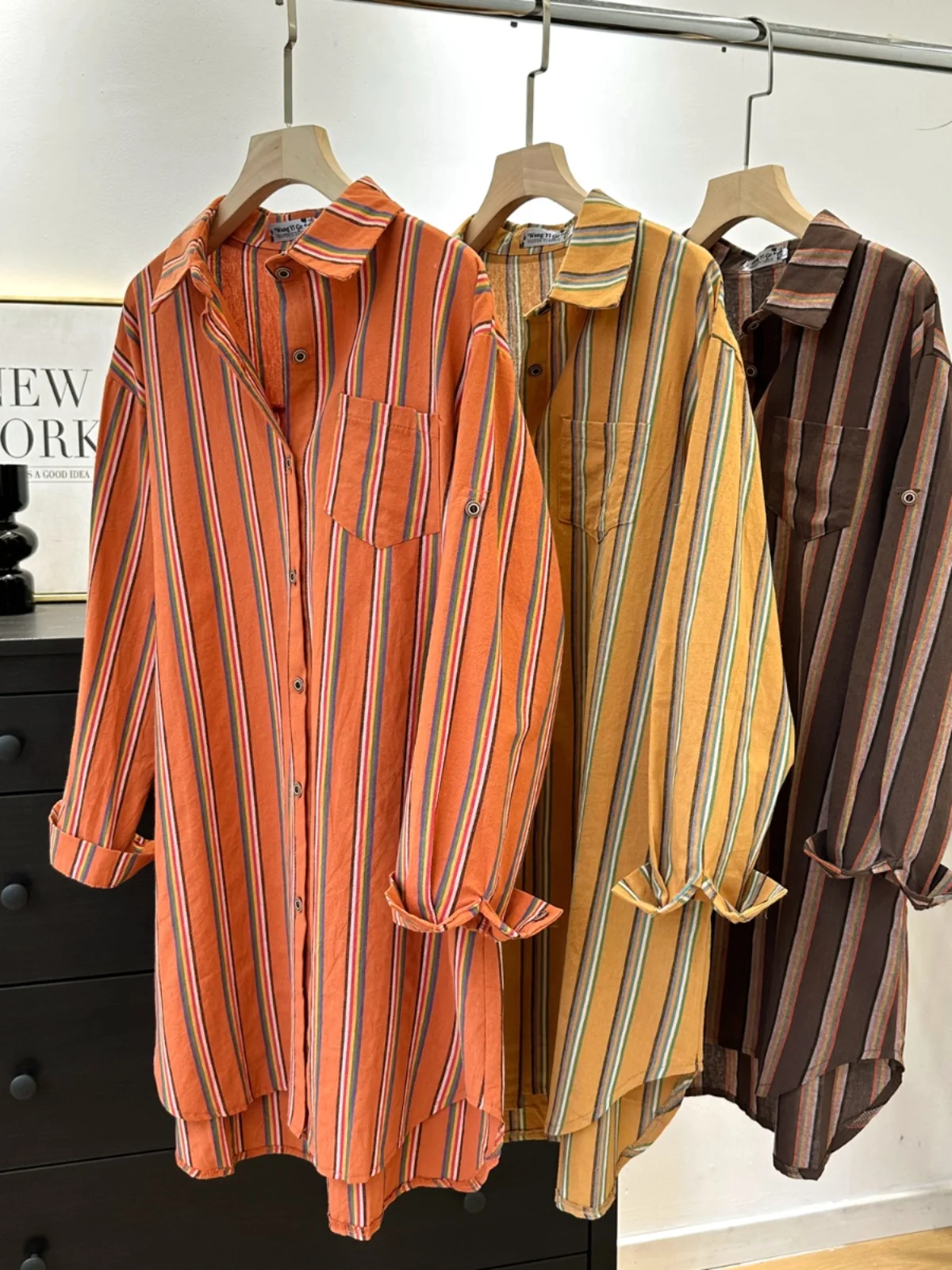 

Retro Striped Women's irt Jaet Loose Casual Versatile Mid-Length Trendy Button-Up Cotton Blend Commute Sle Collar