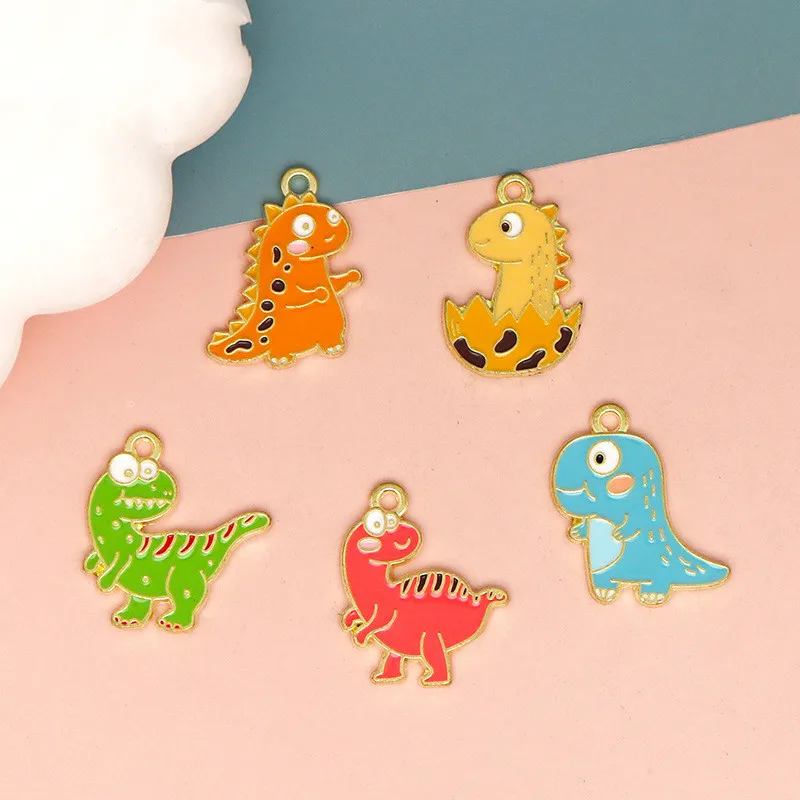 5Pcs Cute Cartoon Dinosaur Alloy Oil Drip Pendant Charm DIY Handmade Bracelet Necklace Earring Accessories