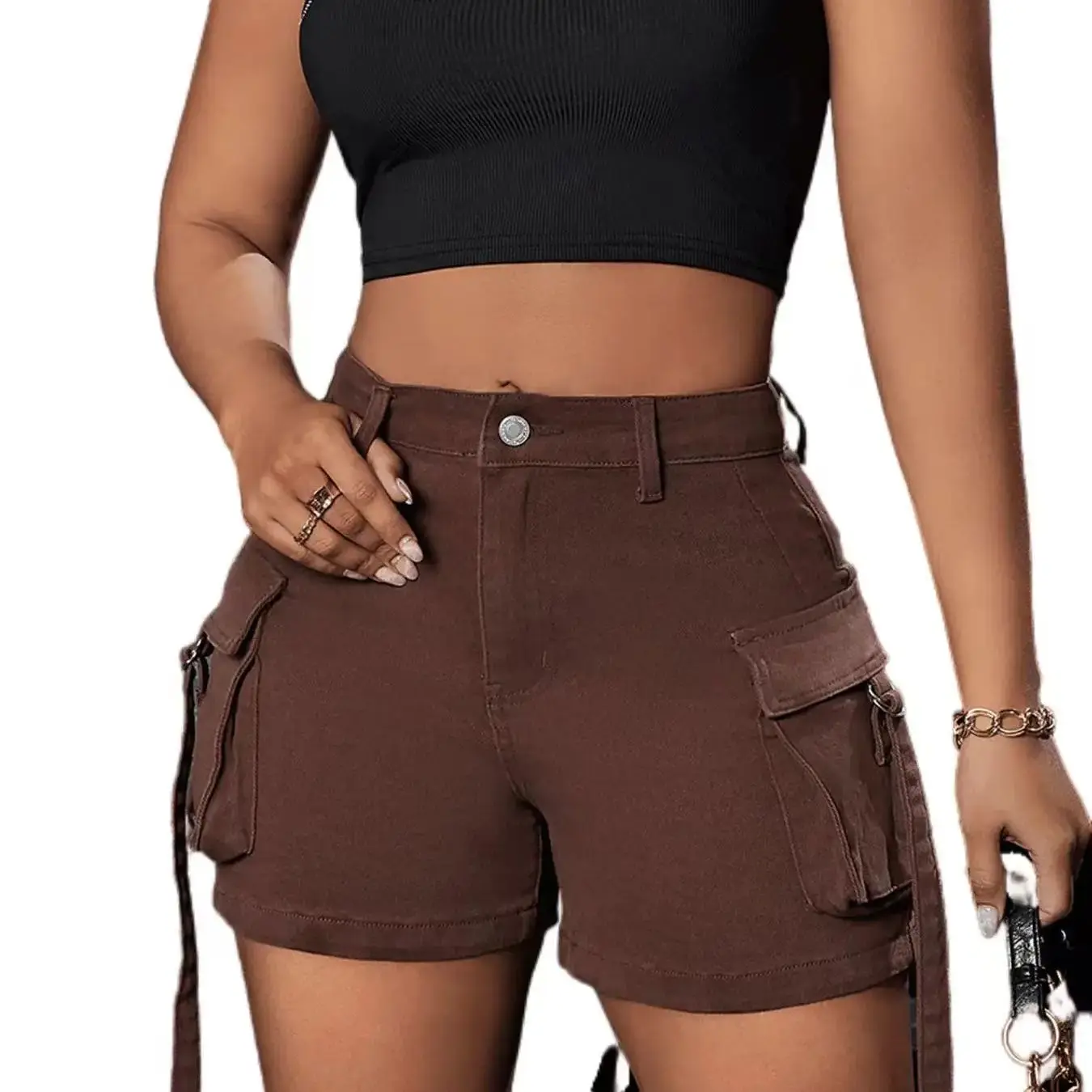 Summer American-style hot girl high-waisted denim shorts for women, with fashionable design sense, two-pocket workwear shorts tr