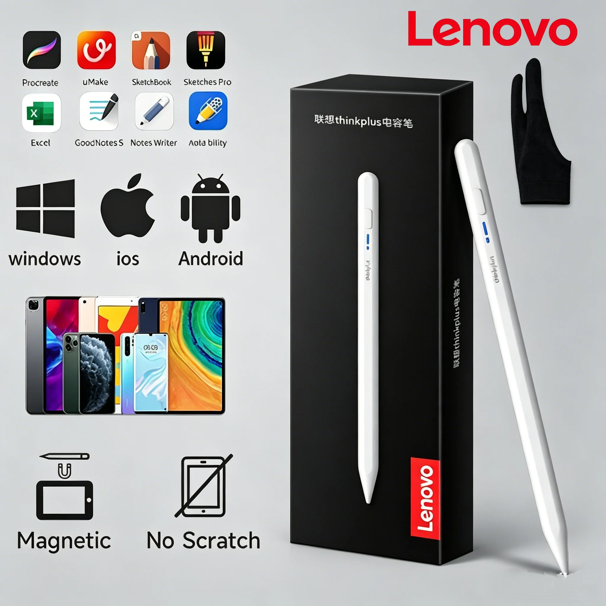 Caneta Stylus Original Lenovo Thinkplus BP16, Caneta Universal para iPad, Android, Windows Phone, Desenho e Escrita