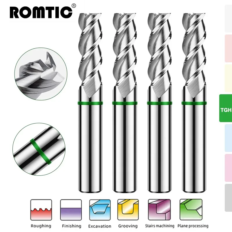 ROMTIC TGH-HRC50-Fresa de aluminio de carburo de tungsteno de acero revestimiento de anillo de Color 3F CNC herramientas mecánicas de fondo plano