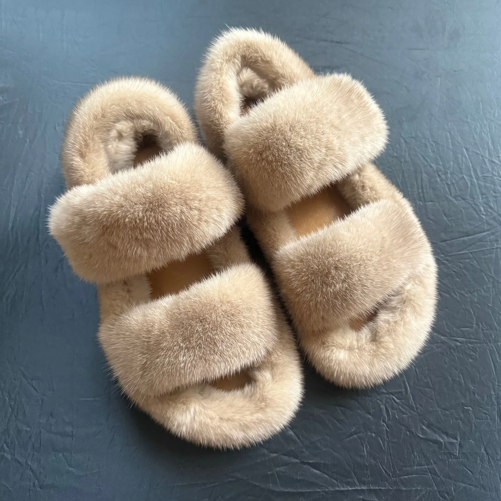 Luxury Real Mink Fur Slides Women Adjustable Strap Plush Furry Sandals Soft Warm Winter House Slippers