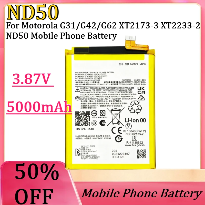 Batería ND50 de Alta Calidad de 5000mAh y 3.87V para Motorola G31/G42/G62 XT2173-3 XT2233-2, Batería para Teléfono Móvil ND50