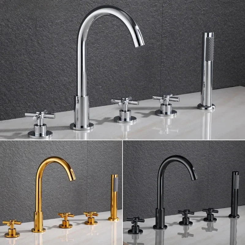 

Black Gold Bathtub Mixer With Brass Hand Shower Double Function Black Bath Faucet Deck Mounted Bath Shower Faucet Tap