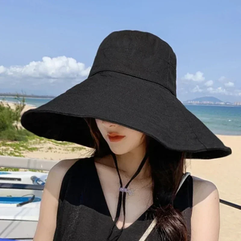 Sombrero de Sol de ala ancha para mujer, sombreros de cubo plegables de viaje, protector solar UV japonés, sombrero de playa de lino y algodón,