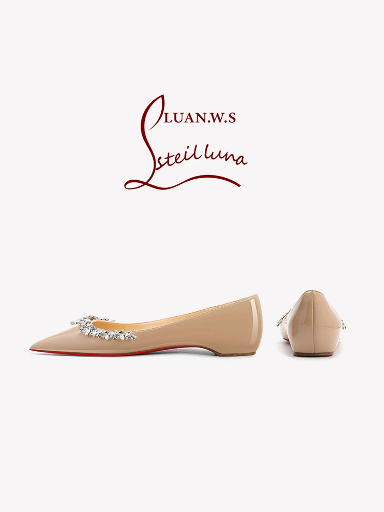 

2025 new rhinestone interior height increasing single female low heel nude color pointed red bottom light mouth flat shoes