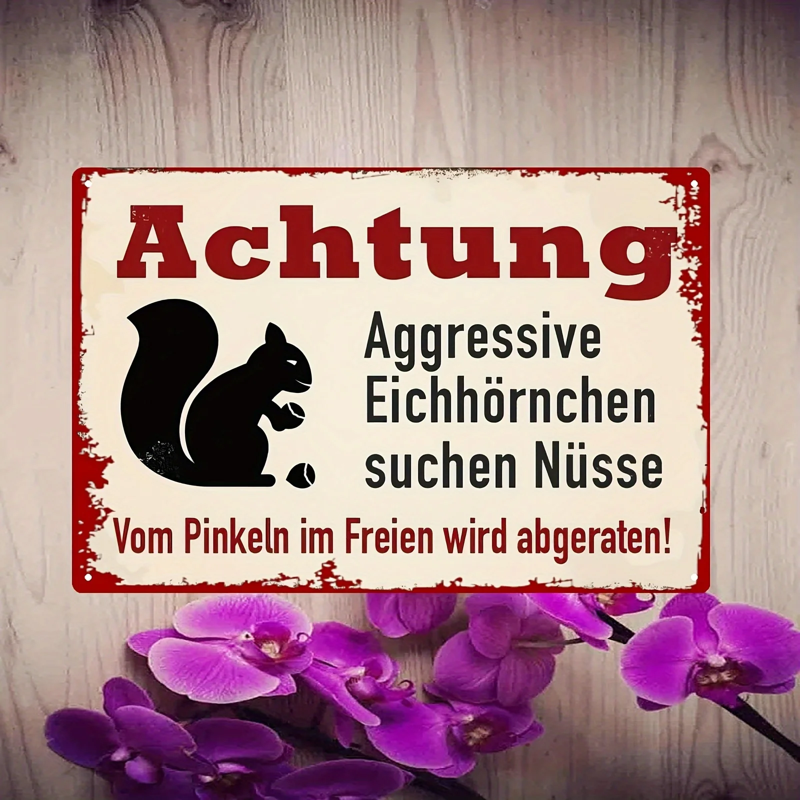 Vintage Metallschild im deutschen Stil – Lustiges Warnschild „Vorsicht vor aggressiven Eichhörnchen auf der Suche nach Nüssen“, Wanddekoration für Zuhause