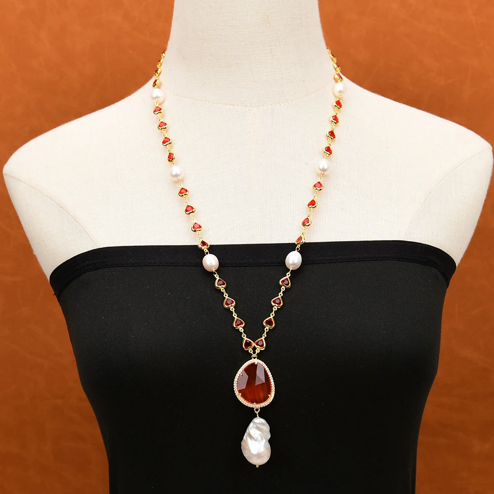 GG 26'' Cultured White Rice Pearl Red Crystal Chain Necklace Orange Cat eye Baroque Pearl Pendant