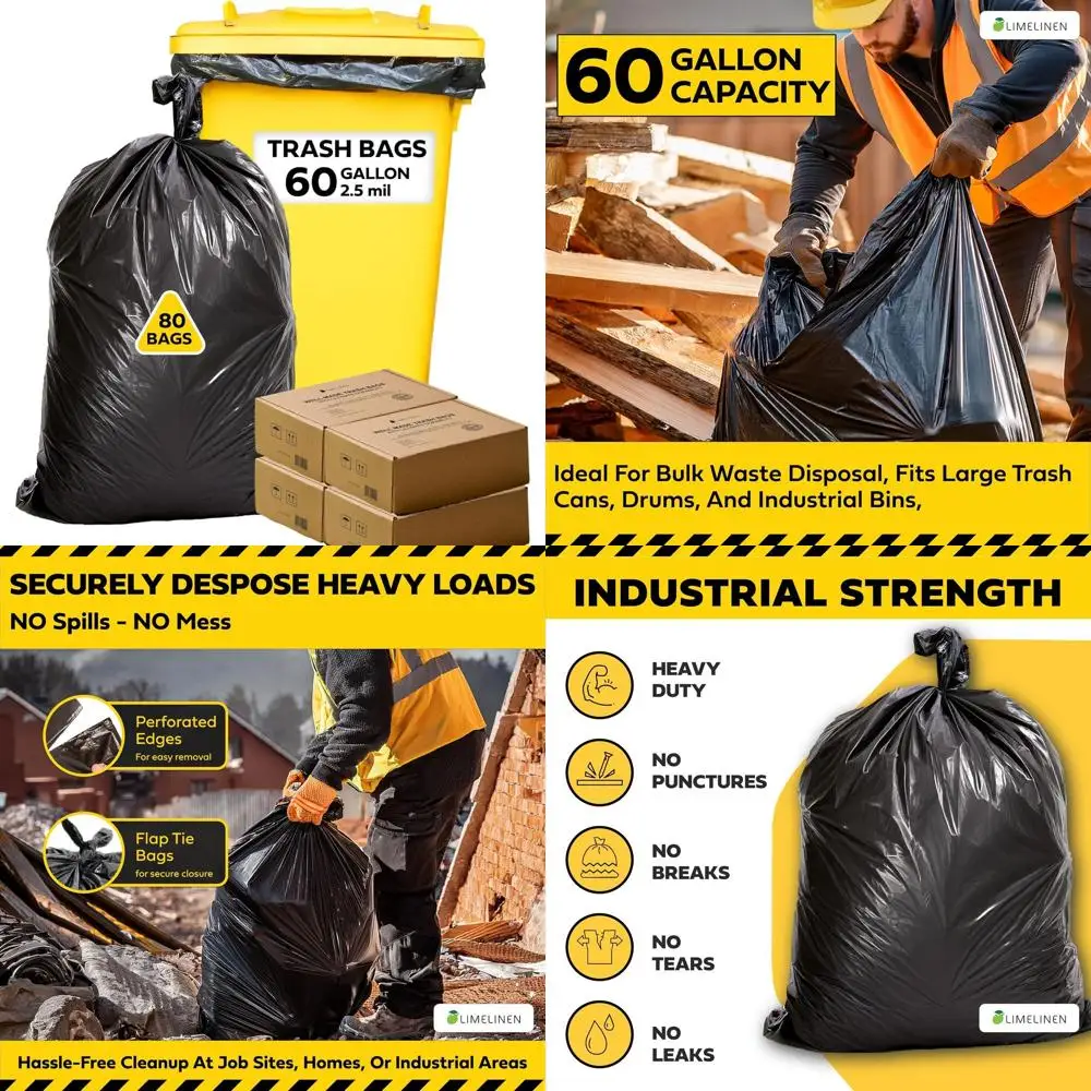 

Прочные мешки для мусора черного цвета, 60 галлонов, для строительных работ, промышленности, садовых отходов, устойчивые к разрывам, 80 штук в упаковке, особо прочные