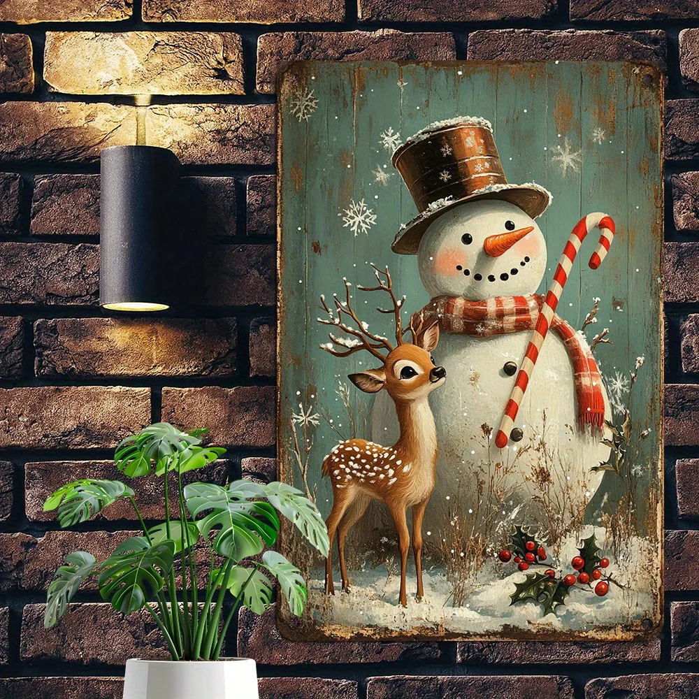 , Rustic Snowman & Deer Christmas Tin Sign, , Vintage Tin Metal Plaque, Reusable Wall Art for Home & Bar Decor