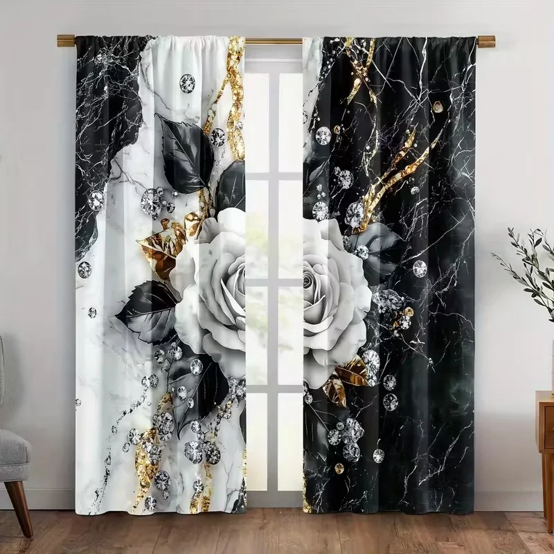 

2Pcs Marble rose print curtains,suitable for bedroom,living room kitchen decoration,home decoration,window decoration