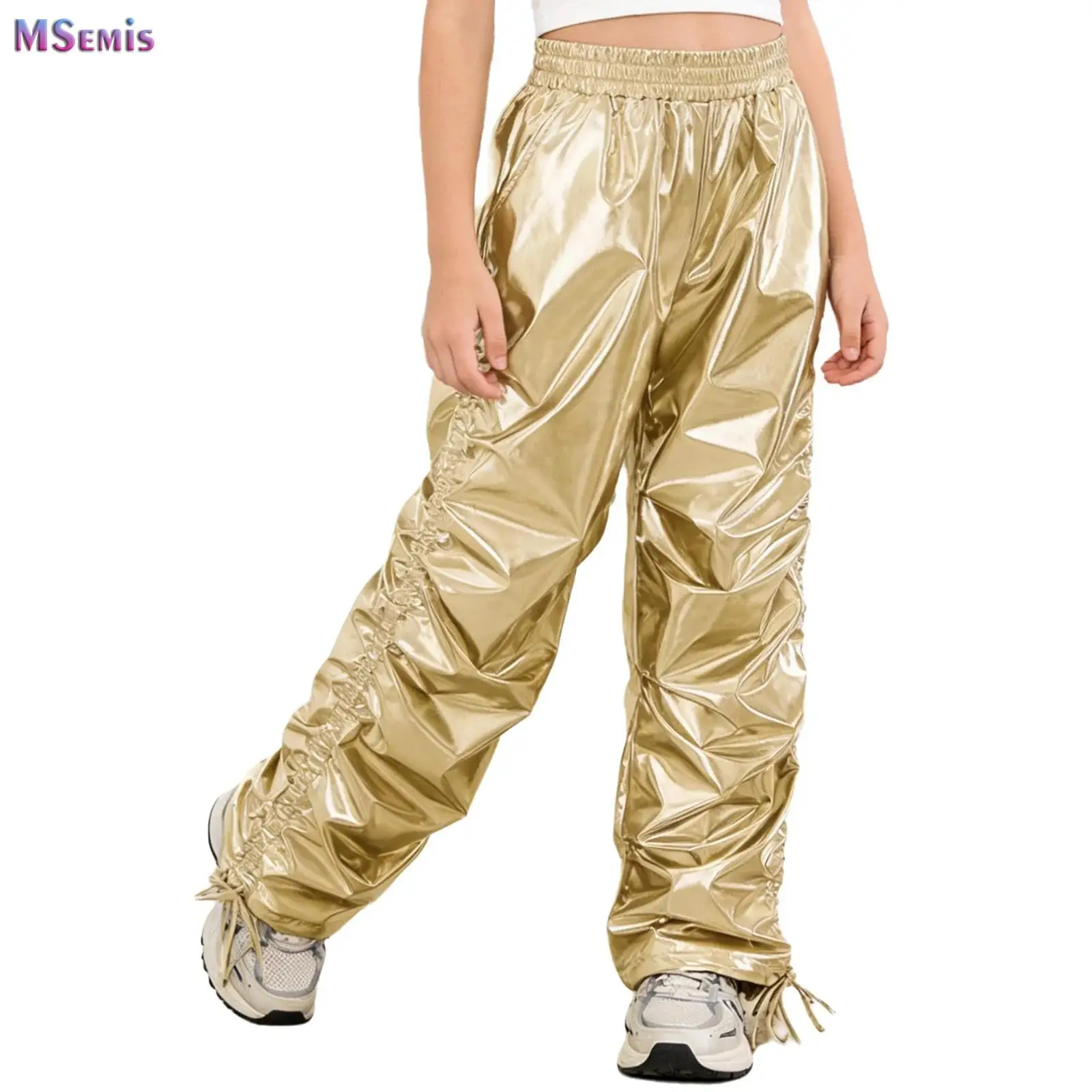 

Kids Boys Girls Metallic Shiny Straight-leg Pants Fashion Teens Ruched Trousers Children Hip-Hop Pants Street Jazz Dance Costume