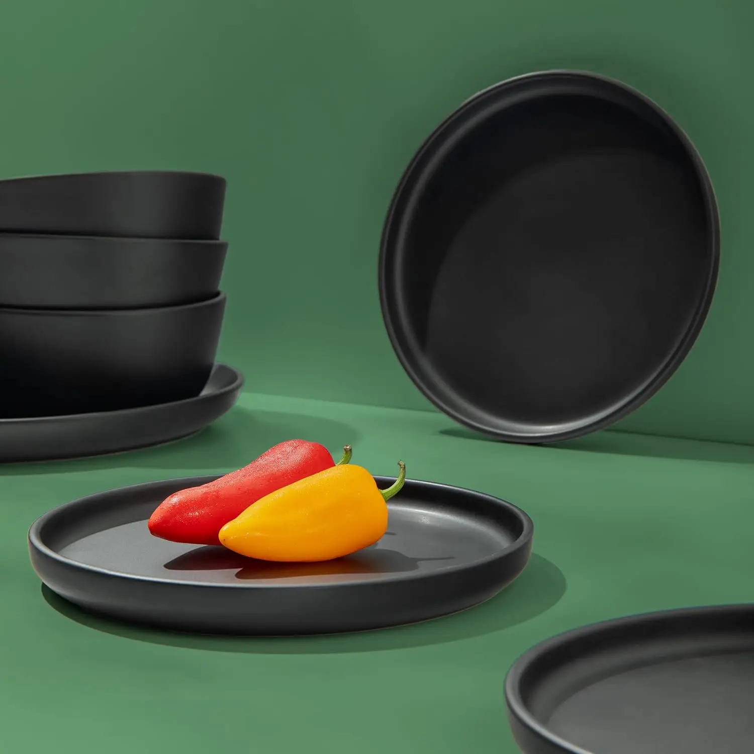 Dinnerware Sets, Plates and Bowls Sets, Dishes, 12-Piece Service for 4, Matte Black