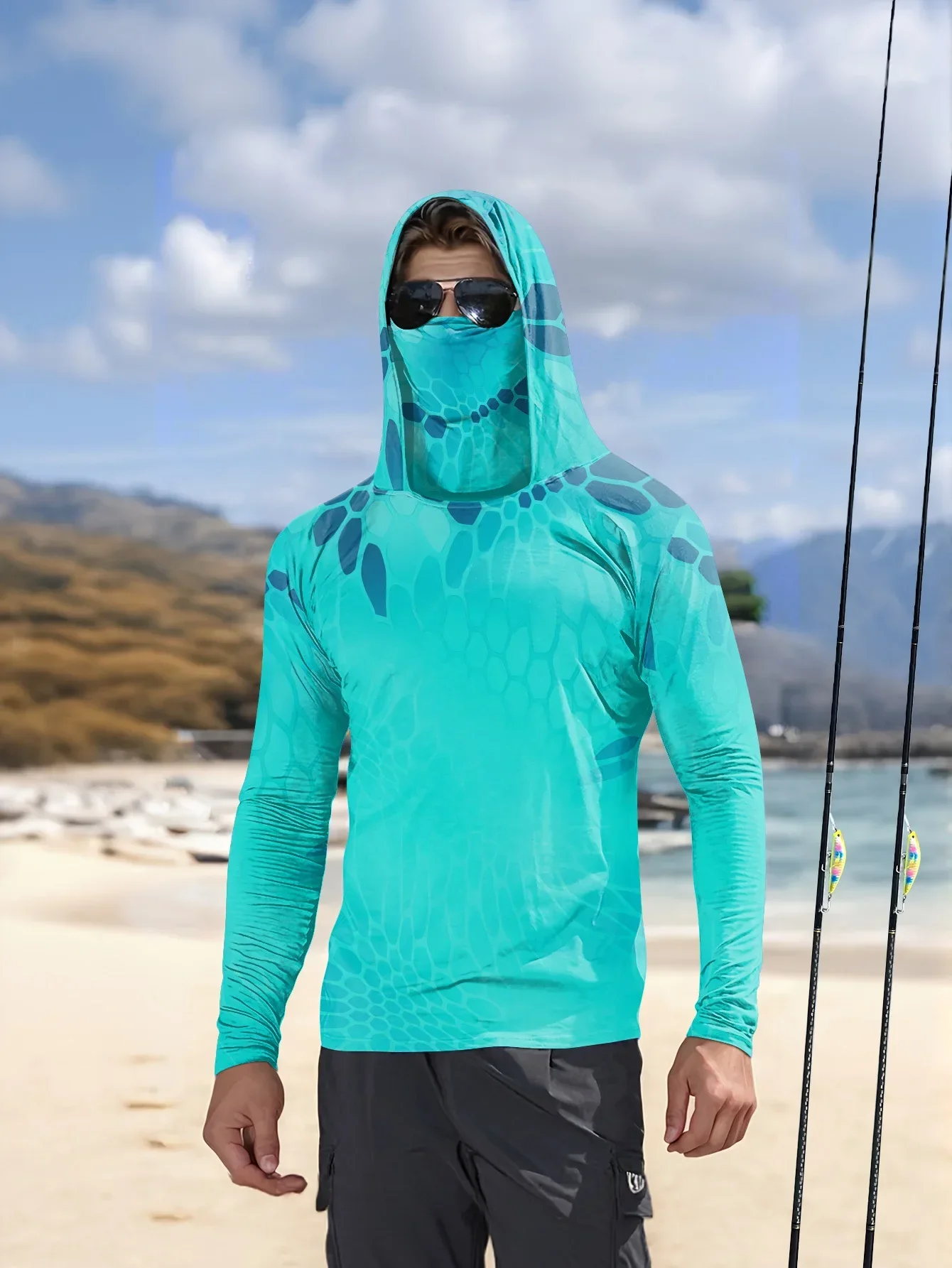 Camisa de pesca con capucha para hombre, con cubierta facial, estampado 3D de escamas de reptil en color turquesa, diseño de camuflaje, manga larga, tejido de poliéster, protege del sol.