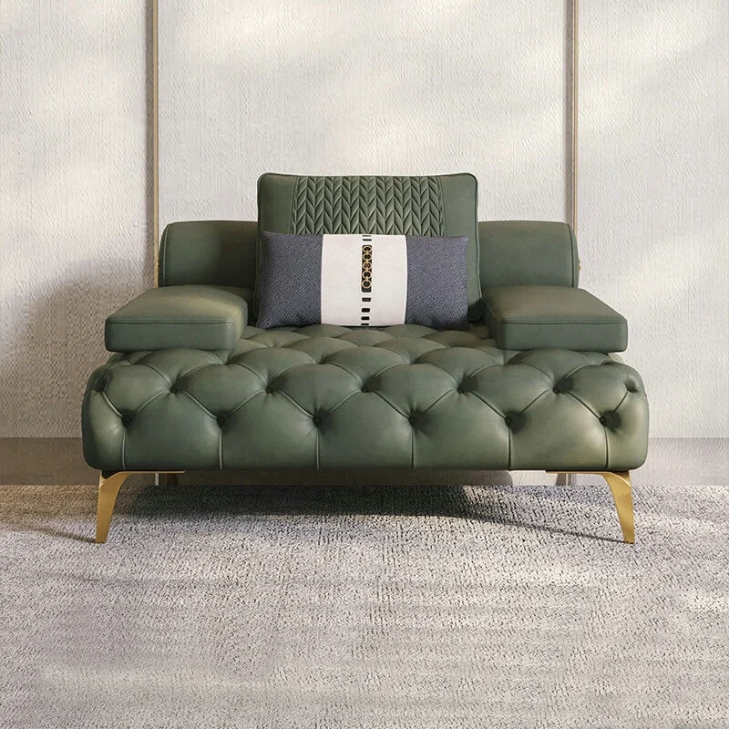

#Green Genuine Leather Sofa With Golden Metal Legs For Living Room