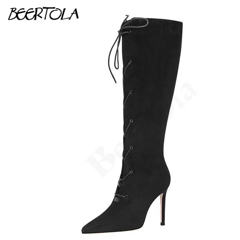 

Pointed Suede Women's Western Boots Sexy Stiletto Heel Strap Knight Boots Frosted Suede Retro Temperament Long Boots