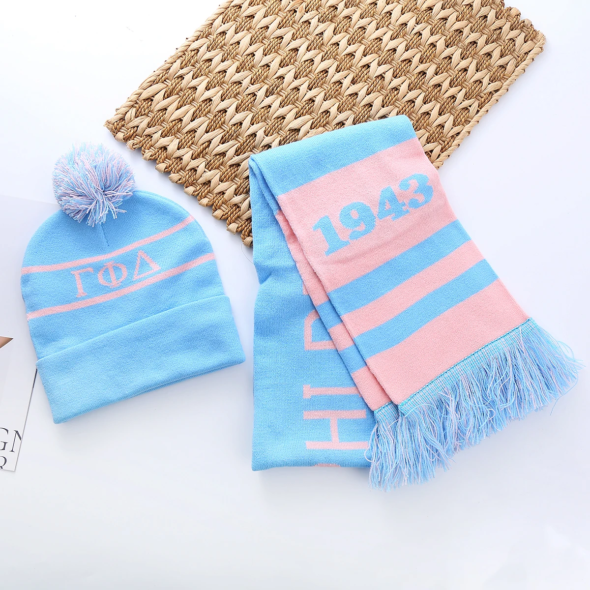 Light Pink Blue Club Greek Letters Sorority Since 1943 Gamma Phi Delta Scarf Hat Sets For Women