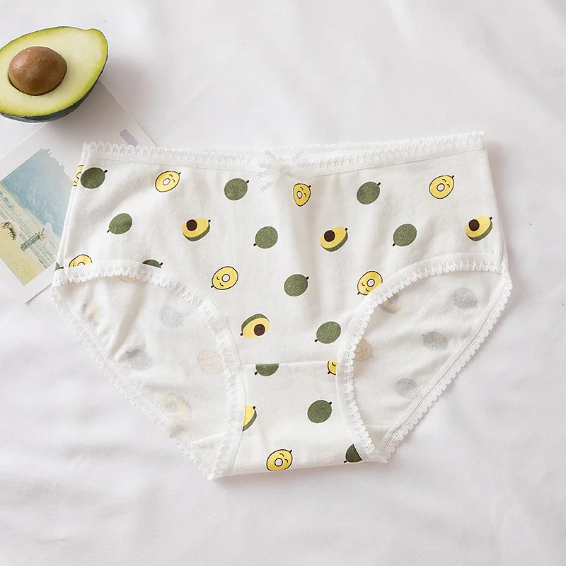 Cotton Underwear Women\'s Mid-Waist Panties Plus Size Avocado Simple Cartoon Panty Girl Student Briefs Print Bow Underpant Female