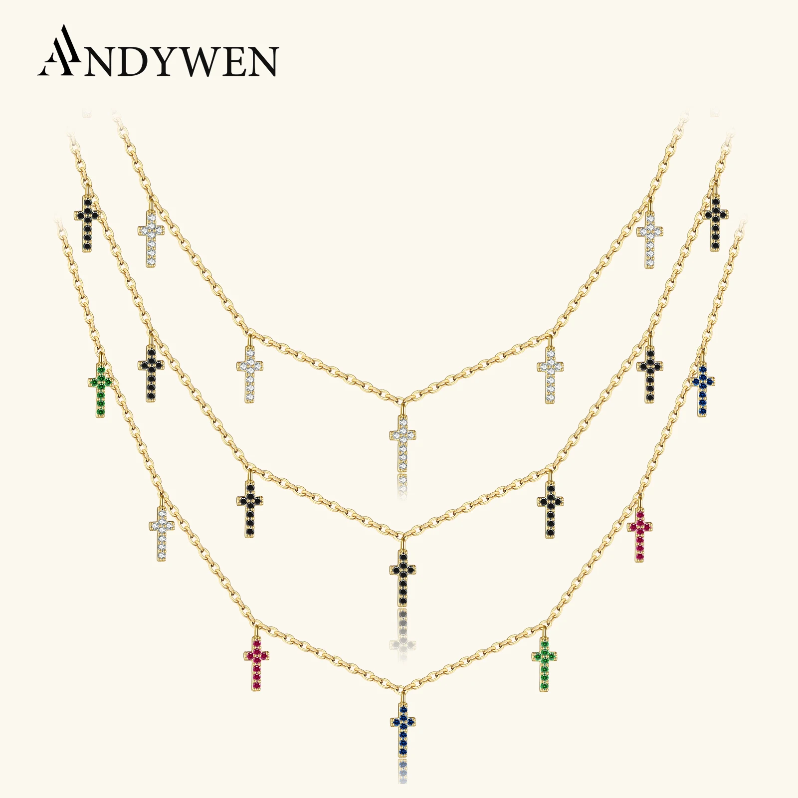 

ANDYWEN 925 Sterling Silver Colorful Cross Charm Choker Long Chain Necklace 2021 Fashion Wedding Gift Luxury CZ Zircon Party