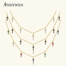 ANDYWEN 925 Sterling Silver Colorful Cross Charm Choker Long Chain Necklace 2021 Fashion Wedding Gift Luxury CZ Zircon Party
