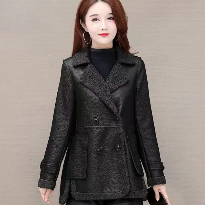 2023 Autumn Winter New Two-sided High-grade Motorcycle Wind Thickened Cashmere Mid-length Leather Suit Collar Fur Coat Women