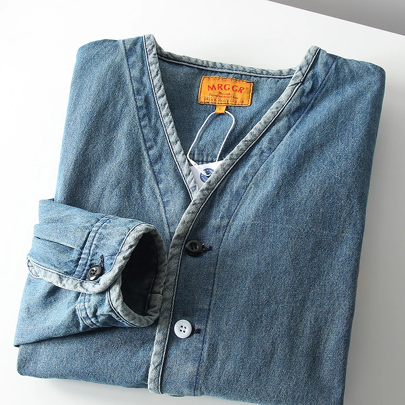 

Juspinice Japanese Fashion Retro Washed Denim Jacket Autumn Men's Cardigan Pure Cotton V-neck Workwear Coat Female Clothing