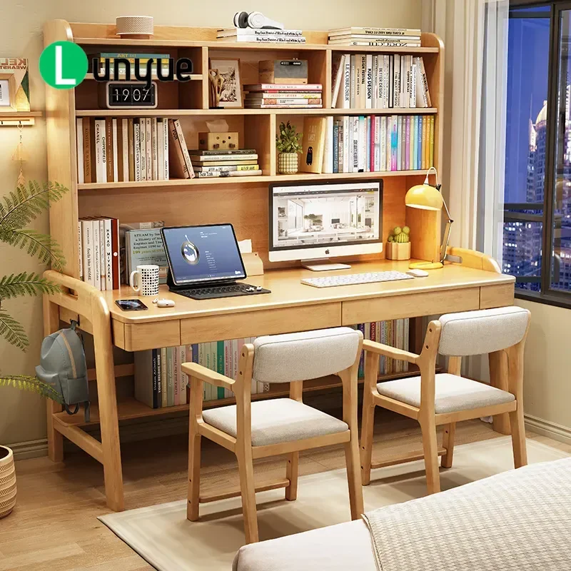 Solid wood desk bookshelf integrated household double side-by-side study table simple modern lifting computer table with