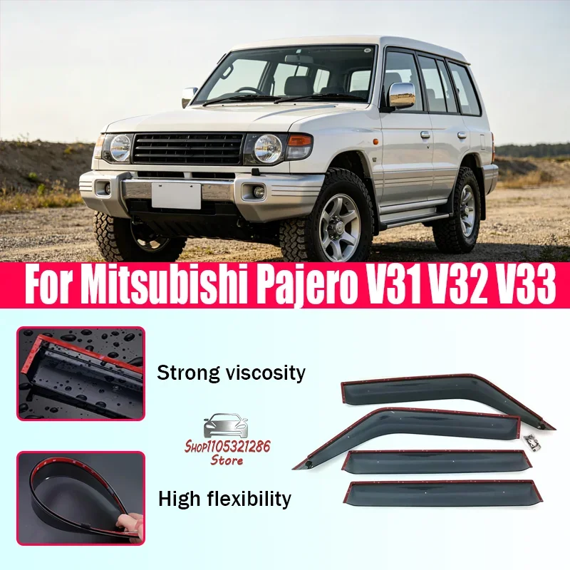 

Подходит для Mitsubishi Pajero V31 V32 V33: расширенные и утолщенные дефлекторы окон, защита от дождя, накладки на окна.