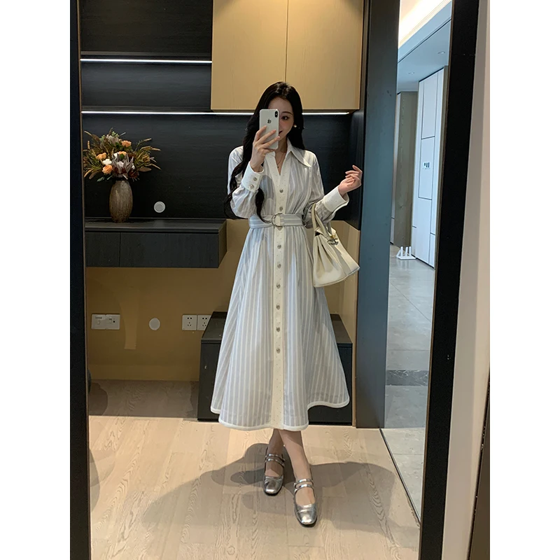 

Женская приталенная юбка Diamond Star River Autumn с высокой талией, в полоску, с подкладкой, из полиэфирного волокна, с длинным рукавом, с воротником, А-силуэт