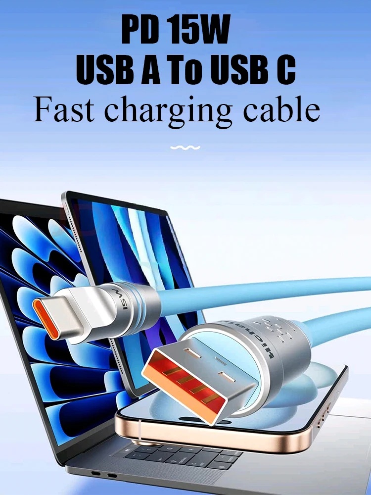 Hichain 2 sztuki Kabel USB A do C do szybkiego ładowania 3A PD15W, miękki silikonowy kabel do transmisji danych typu C do Samsunga, Xiaomi, Huawei — zdjęcie produktu 7