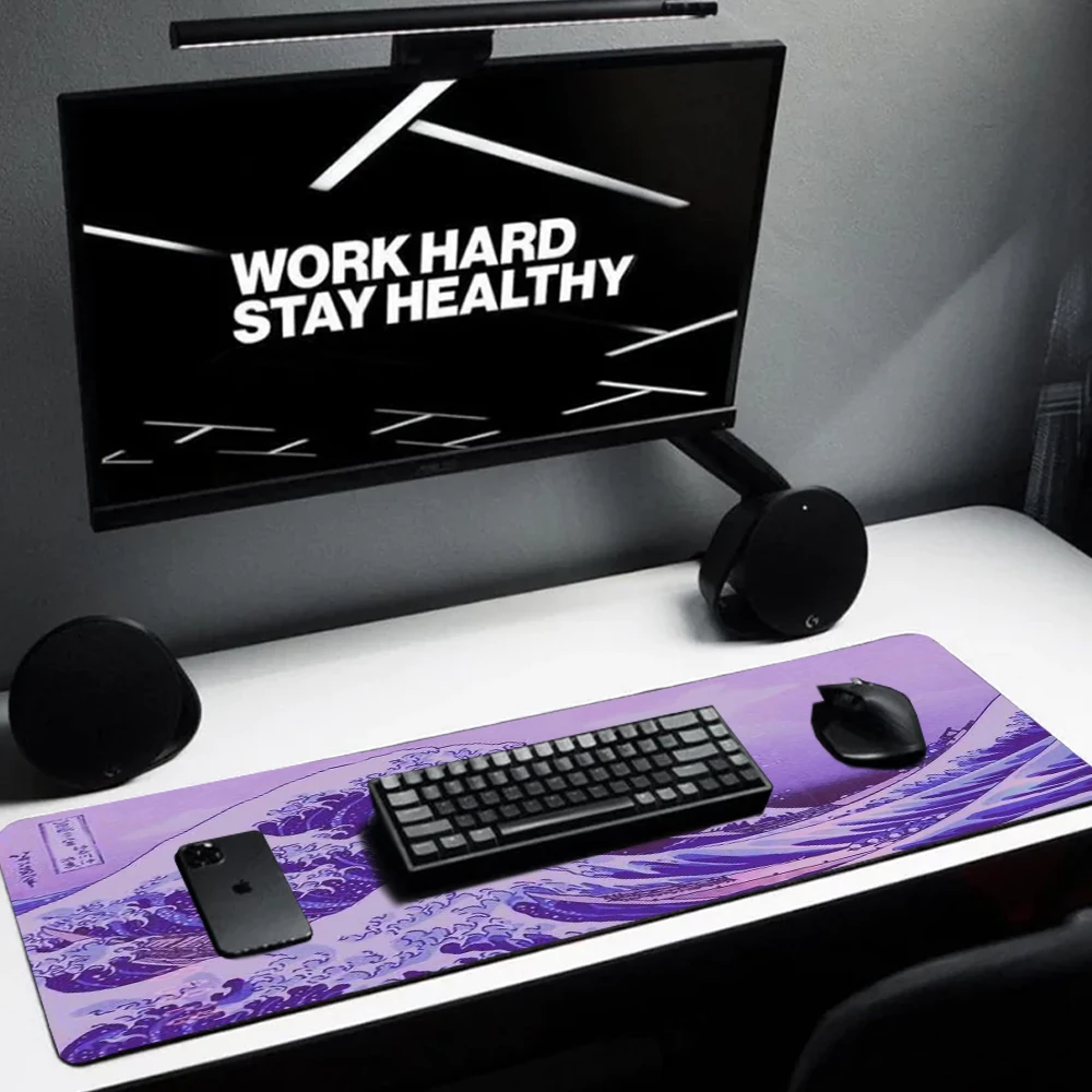 Estilo japonês grande roxo mouse pad, tapete de jogos para pc, acessórios de computador, grande onda, casa, escritório, 100x50, 90x40