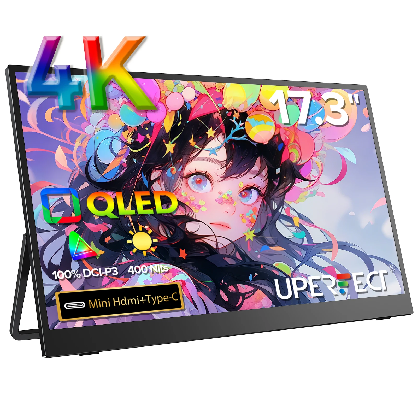 Monitor portátil 4k de 17.3 polegadas para laptop 3840*2160 100% sDCI-P3 400cd/m2 qled com USB-C mini hdmi tela externa de exibição de viagem
