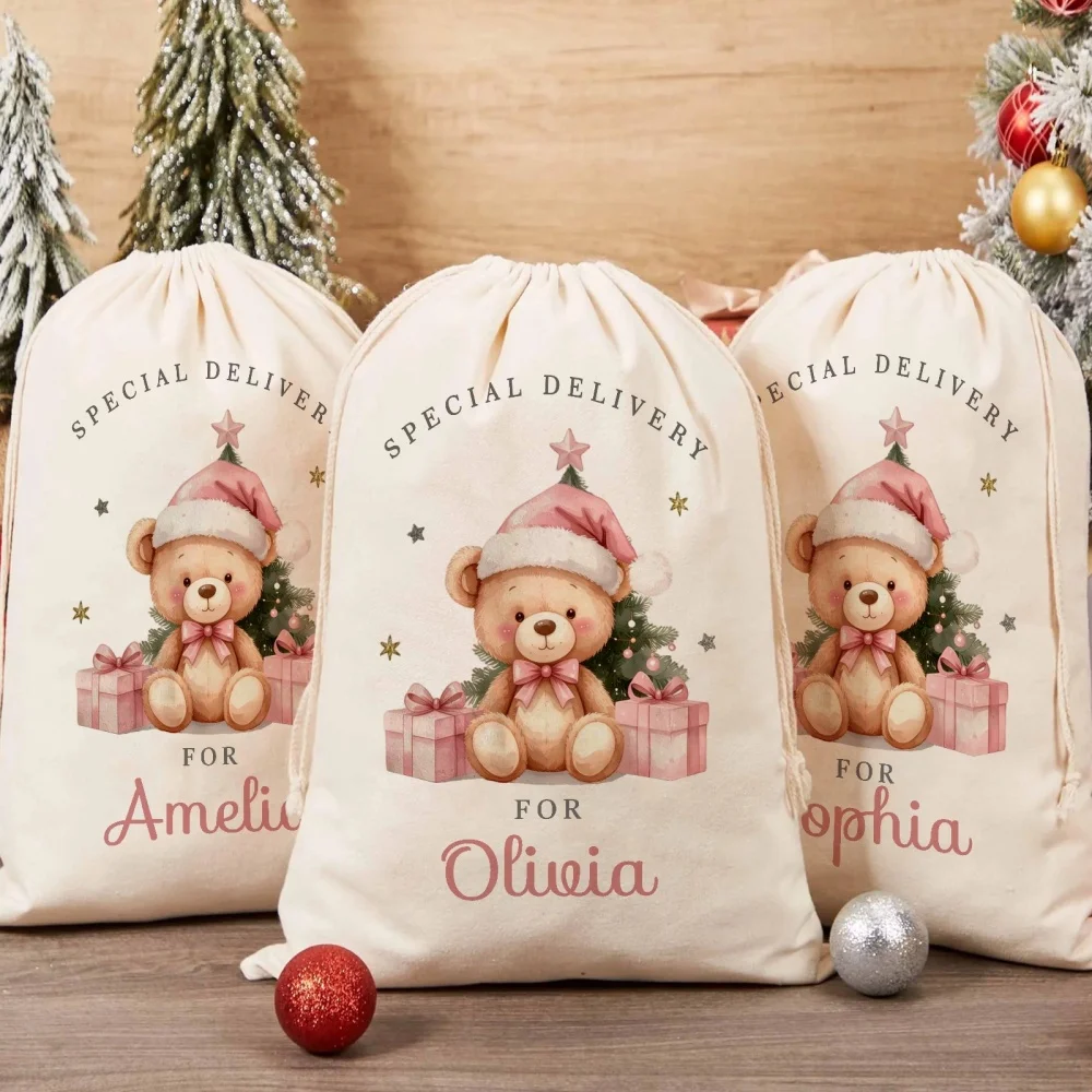 1Pc Personalized Custom Name/Text Christmas Imitation Hemp Gift Bag Drawstring Closure Storage Bag, Party Candy Bags