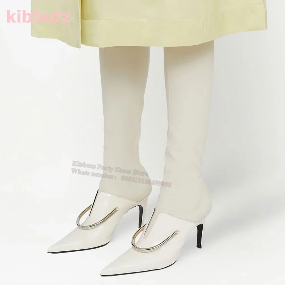 

Leather Boots Over-The-Knee Pointed Toe Thin Heel Mixed Color Metal Ring Fashion Sexy Casual Street Style Novelty Women Shoe New