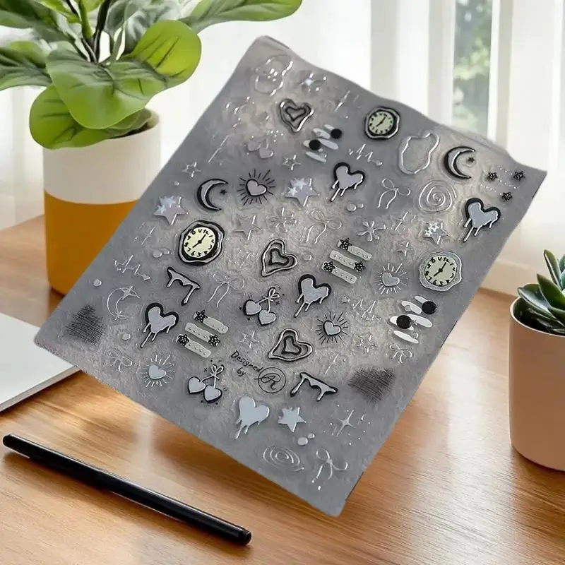 الفضة الحمم البركانية الدائري الكرز ساعة ساعة النجمي الحب معدل ضربات القلب الرسم البياني القمر ستار خط Bowknot خط مسمار الفن ملصقات الشارات