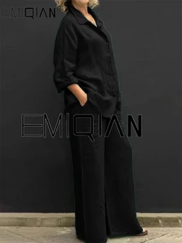 ชุดสองชิ้นผ้าลินินคอปกเสื้อเชิ้ตแขนยาววินเทจสำหรับผู้หญิงชุดกางเกงผู้ชายขาสามส่วนทรงหลวมลำลองสีทึบ