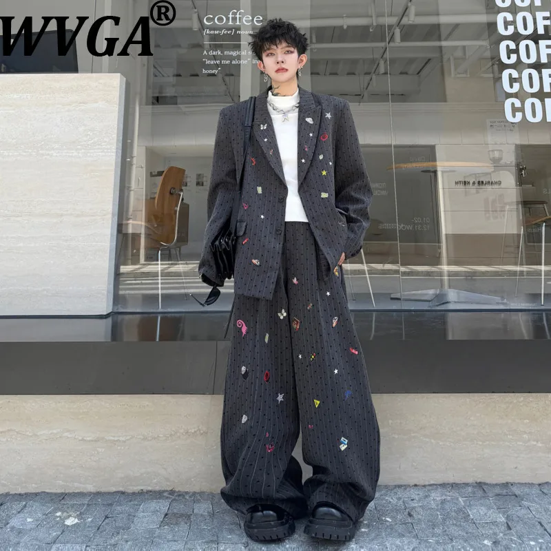 WVGA Spring Autumn New Men Striped Polka-Dot Patchwork Trendy Blazer Ncihe Chic Casual Loose-Fit Pants Two Pieces Set Ins W27769