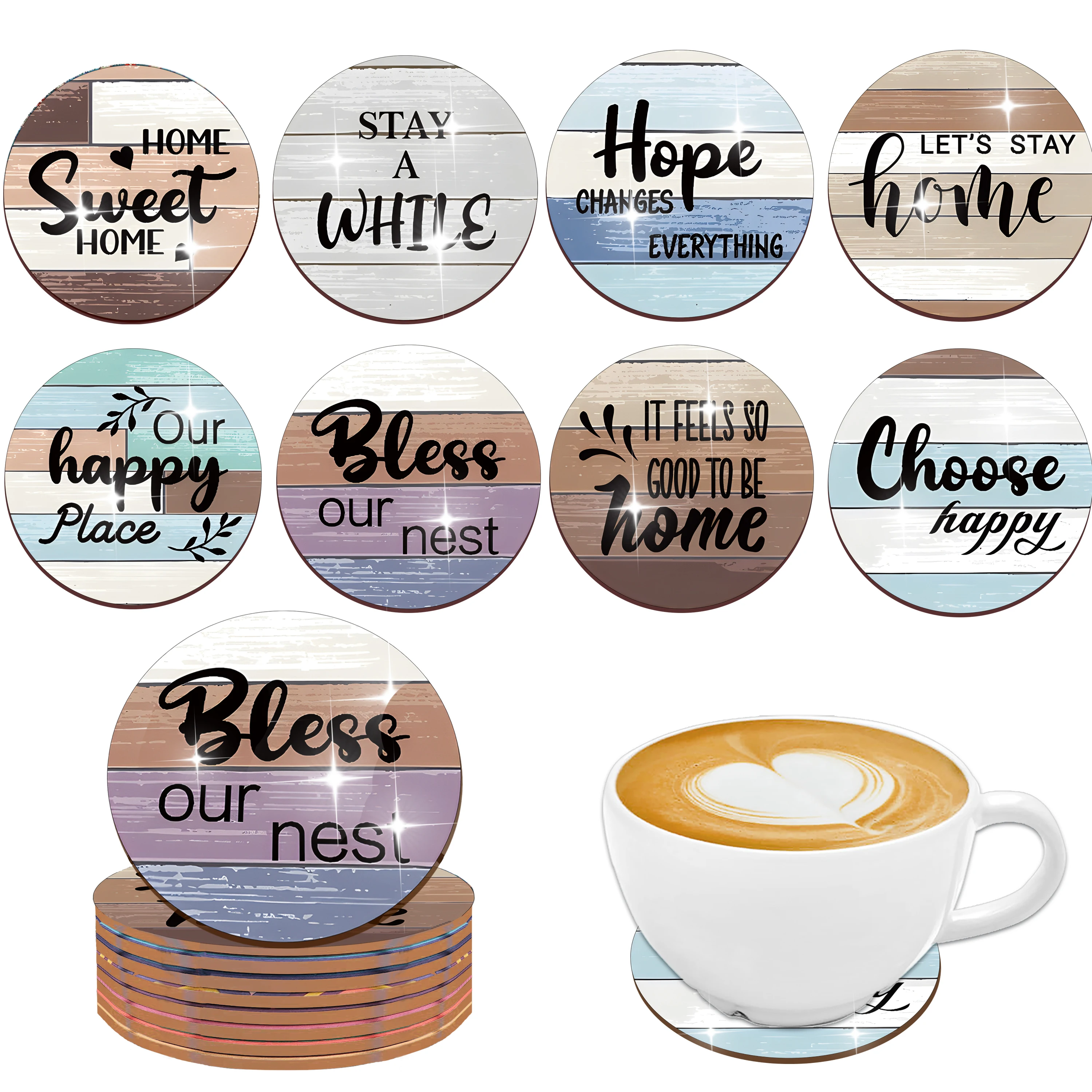 

8 sets of circular printed wooden anti-slip coasters with English patterns, suitable for beginners and adults as gifts