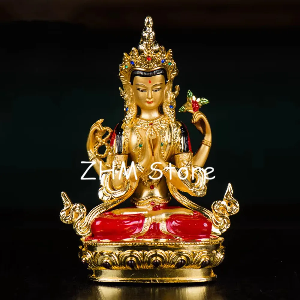 14.8cm Multi Plated Buddhist Avalokitesvara Bodhisattva Four-Arms Guanyin Figure Statue