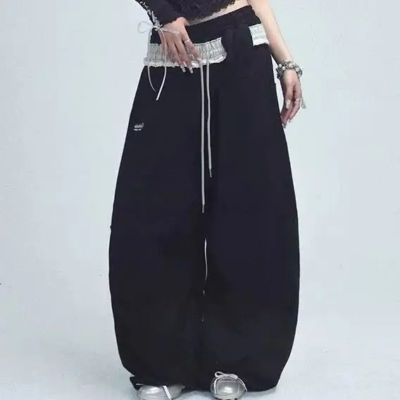 Black double waist splicing lace contrasting color street new loose sports American hip-hop jazz sweatpants trousers