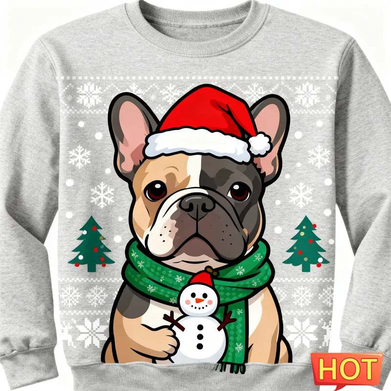 2026 جديد الفرنسية البلدغ الجرافيك القبيح عيد الميلاد سترة موضة لطيف الكلب ثلاثية الأبعاد مطبوعة عيد الميلاد بلوزات فضفاضة تنفس البلوفرات