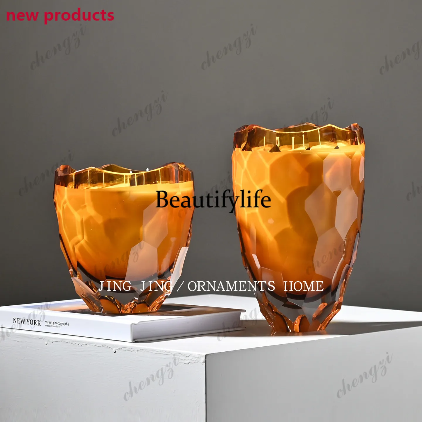 f182 Light luxury amber faceted glass flower ware flower living room high-end decorative ornament