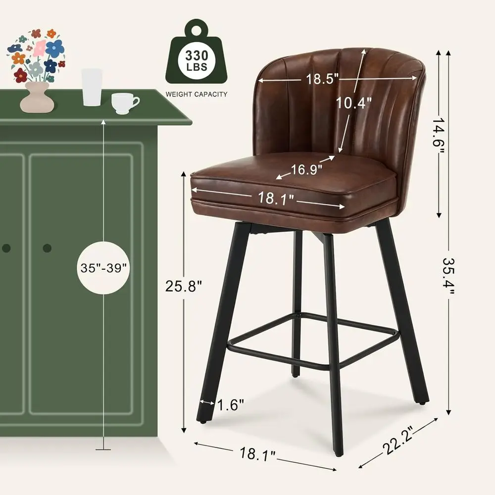 Swivel Counter Height Bar Stools Set o 2, 26'' ern Barstools with Backs and Metal Legs, Upholstered Bar Chairs, aux Leather Brow
