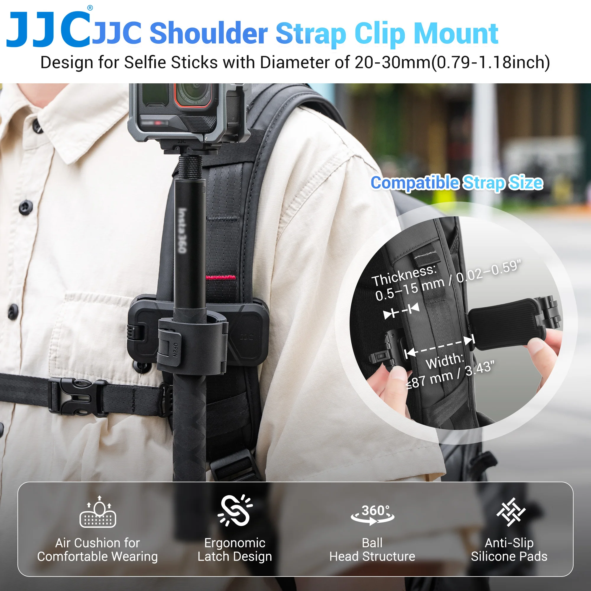 JJC Selfie Stick Holster Backpack Clip Mount for Insta360 X5 X4 ACE Pro 2 GO Ultra DJI Action 6 5 GoPro 13 12 11 Accessories
