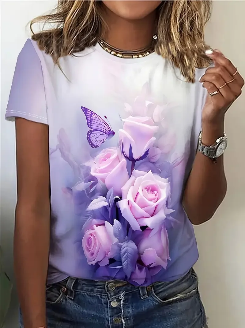 Women's T-Shirt Purple Flowers Print Summer Casual Round Neck Short Sleeve Top Outdoor Fashion Female Oversized T-shirts