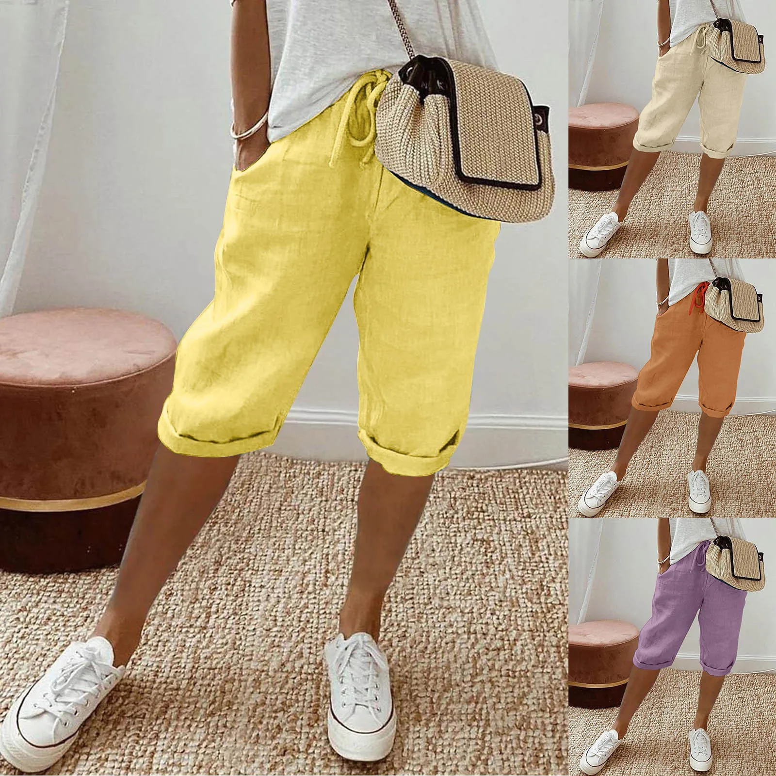 Women Shorts Vintage Style Loose Drawstring Knee-length Pants for Ladies Breathable Elastic Waist Pockets Casual Shorts Boho