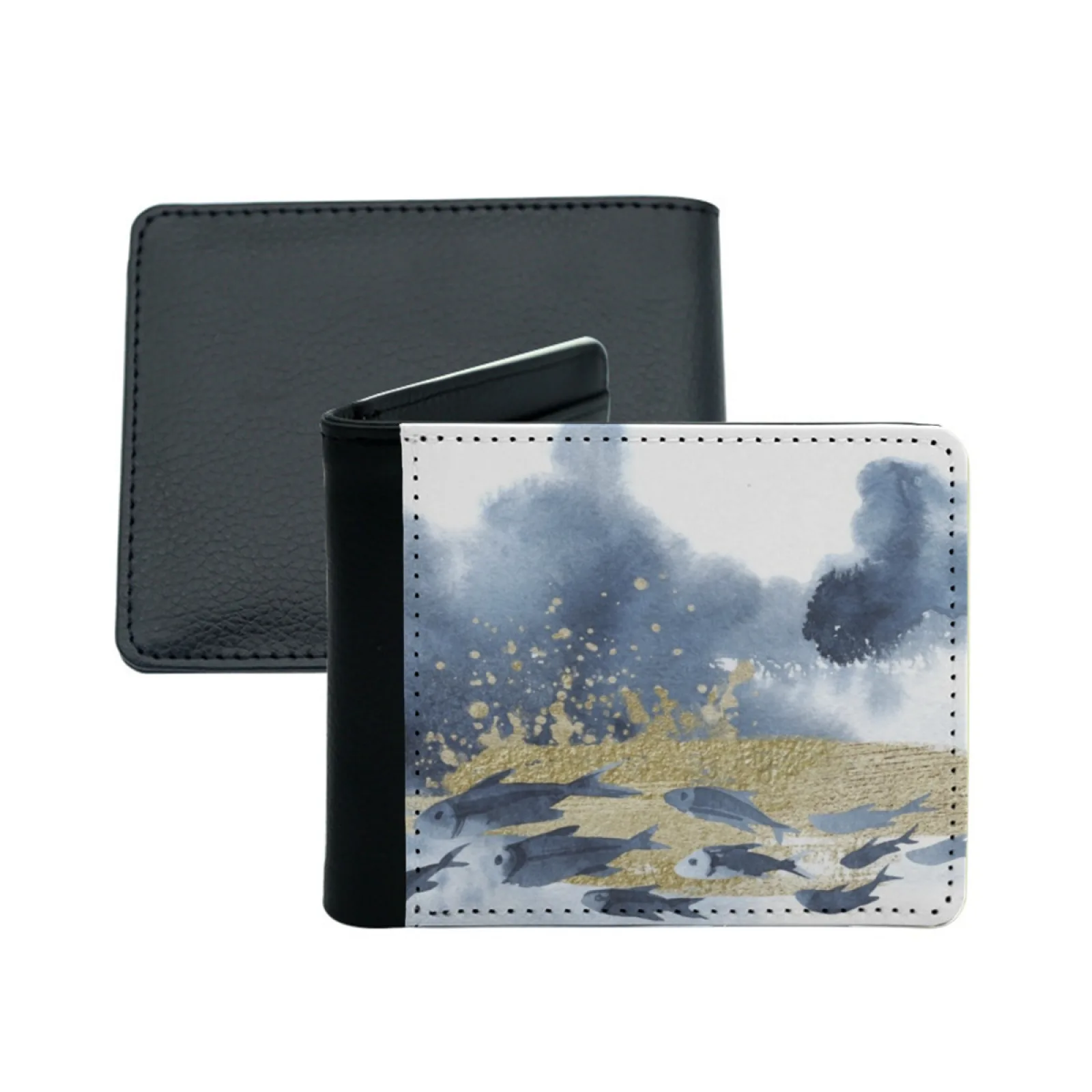 Złota szkoła Abstrakcyjne malarstwo akwarelowe Nowy portfel męski Krótki modny portfel ze skóry Pu Portfel na wiele kart Ryby Ryby