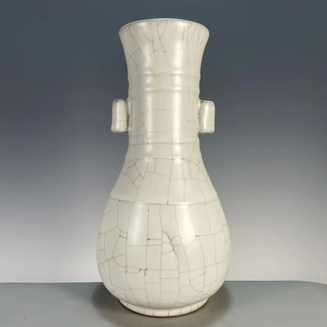 Collectible Guan Ware Porcelain Shangping Reward Vase,Allover Craquelure with Distinct Gold Iron Veins,Twin Pierced Tubular Ears